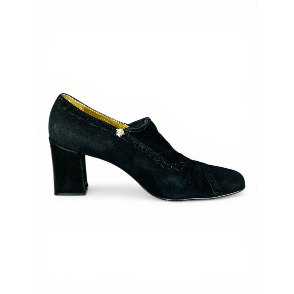 Versace Vintage 80s Black Suede Ankle Boots EU 38 Medusa Logo Chunky Block Heel